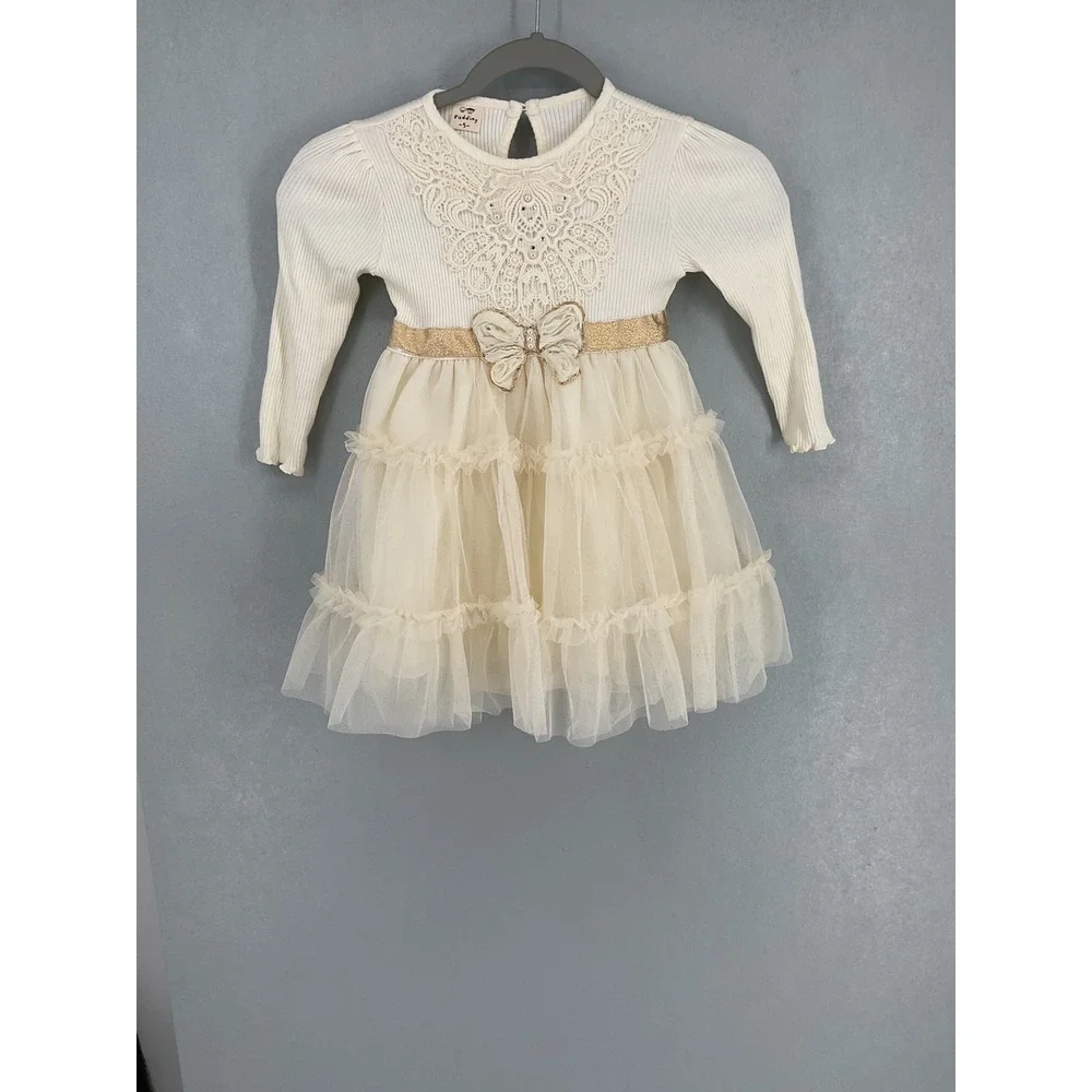 Pudding Girls Tutu Dress Lace Pearl Embellished Cream Tiered Tulle Size 5